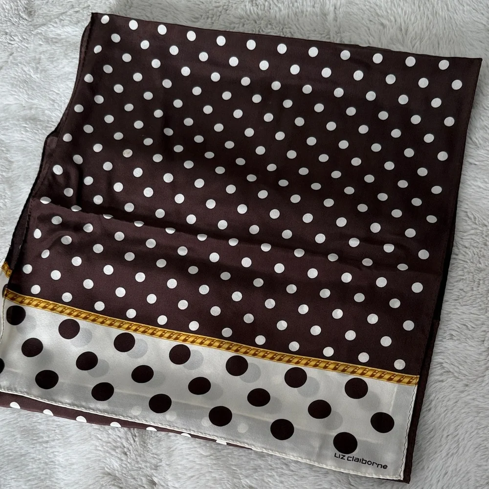 Vintage Liz Claiborne Brown and White Polka Dot Silk Scarf Trendy - Picture 3 of 5